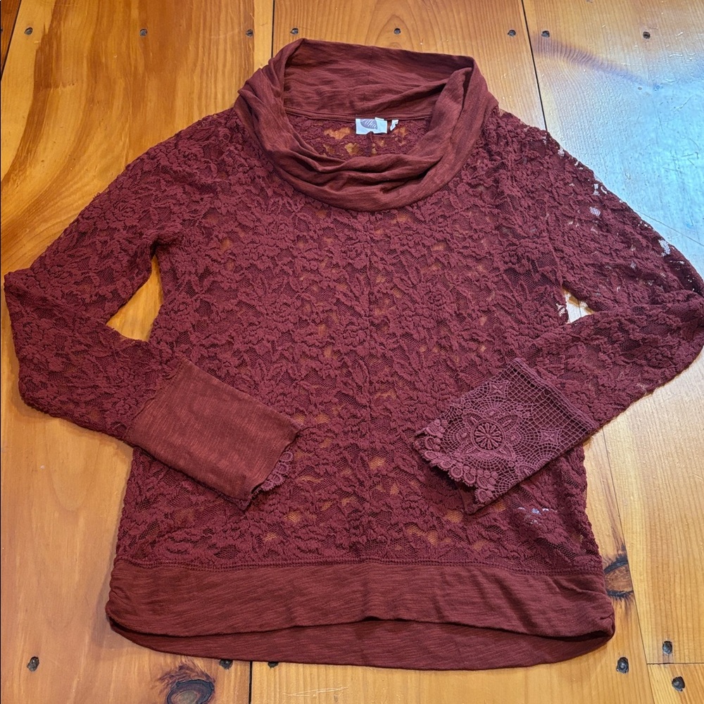 LILKA M Copper Lace Cowl Neck Layering Top Blouse Embroidered Cuff